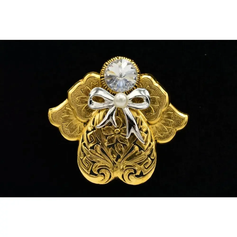 Jane 1995 AOL Signed Vintage Pin Brooch Guardian Gold Angel Rhinestone Chic BinJ
